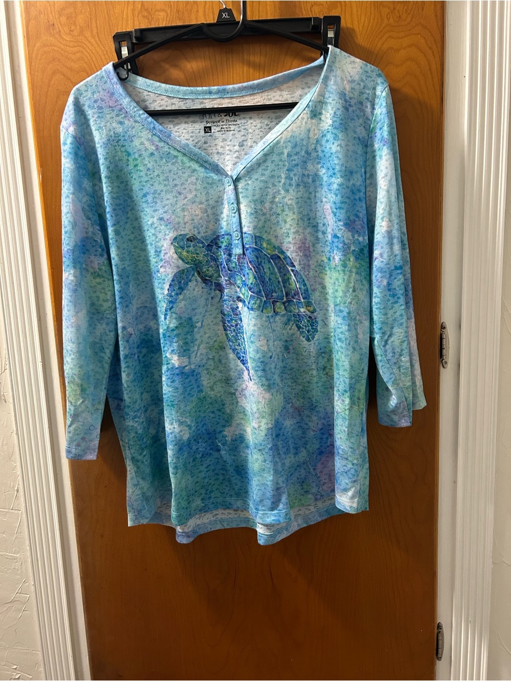 Sea Turtle Print Blue Green Henley Top by Art and Soul